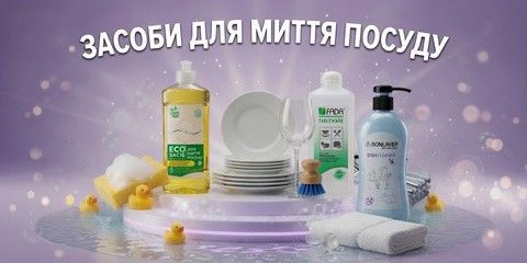 Засоби для миитя посуду в посудомийних машинах, ручного миття та миття дитячого посуду